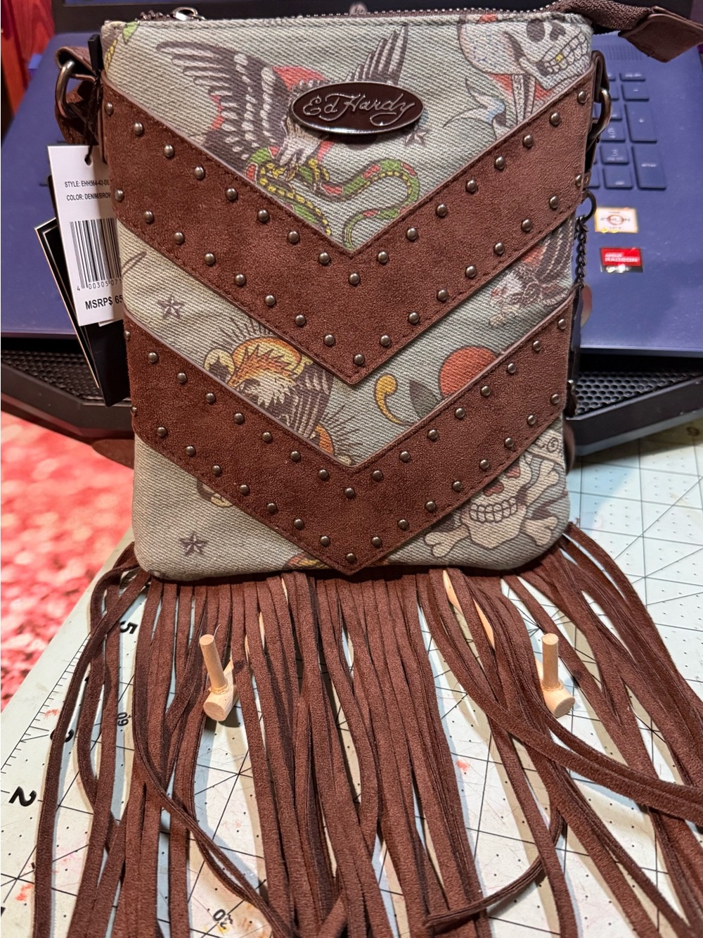 Ed Hardy Brown Printed Canvas Fringe Crossbody Bag